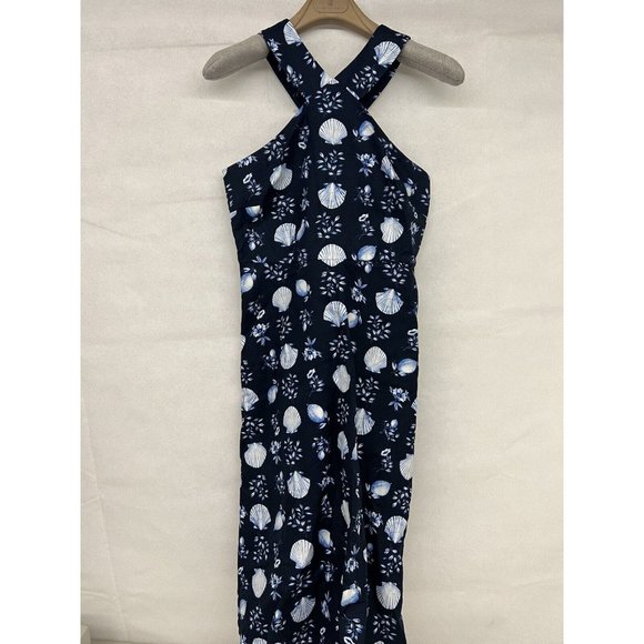 NEW Size 0P Beach  Ann Taylor Petite Shell Tile Cotton Linen Halter Flare Dress - Picture 2 of 4